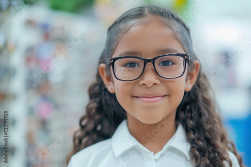 Little Hispanic girl in optical store trying on new glasses