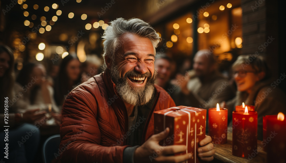 Men smiling, happiness, celebration, Christmas lights illuminate joy generated by AI
