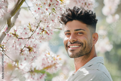Cheerful young Hispanic man with blossoms blooming in background