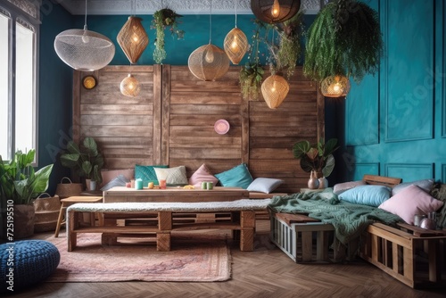 Interior design in a bohemian wood style with birthday decorations for the living room, kitchen, and kids' rooms in shades of blue, green, and pink