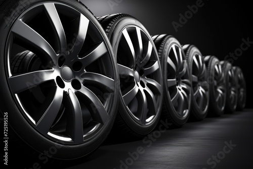 wheels with tires isolated on black background