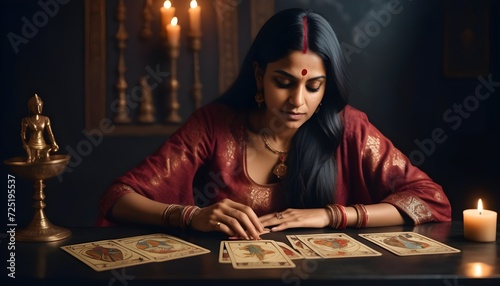 Modern royal indian female astrologer in (right or left) corner carefully reading tarot card with dark astrology background