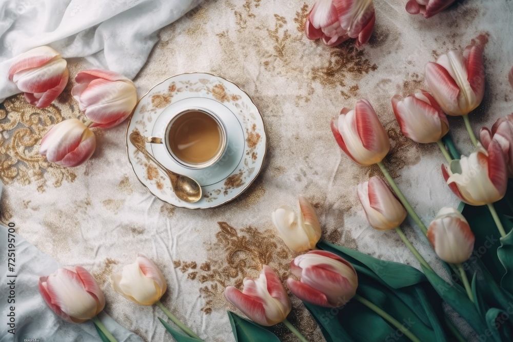 Stylish composition on a background of gold including a cup of coffee and pink tulips. White fabric and a flowery frame are laid flat. top view of the border