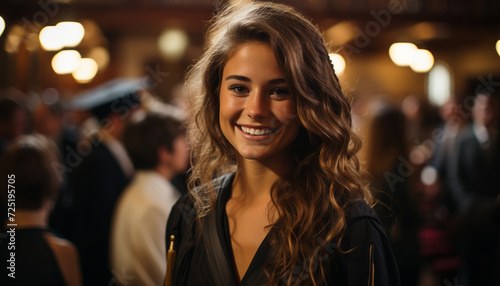 Smiling young woman enjoying nightlife, looking at camera generated by AI