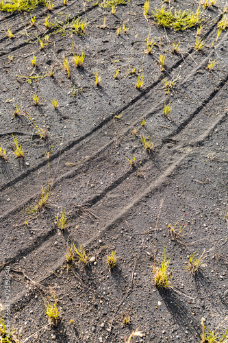 Tire marks in the dark dusty ground, environmental damage