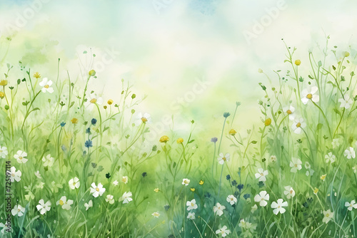 Watercolor wild meadow with flowers and grass landscape background hand-painted illustration wallpaper