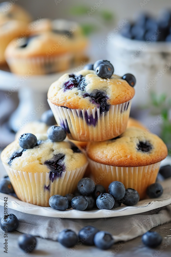 Delicious blueberry muffins on plate, close up