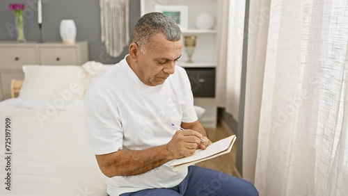 Mature hispanic man writing in notebook on bed in a well-appointed bedroom, evoking themes of planning or reflection.