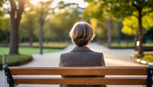 senior on park bench, back turned, contemplating solitude, peaceful atmosphere, empty seat beside, reflective moment