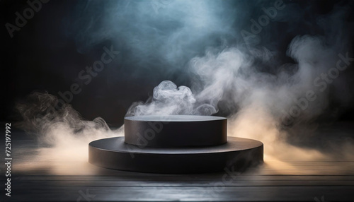black podium engulfed in smoke on a dark background, perfect for montage and product display mock-ups, exuding an enigmatic and captivating ambiance