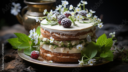 Rustic Spring Cake with Fresh Berries and Delicate Wildflowers