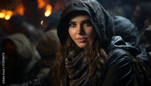 Young woman in winter fashion, smiling, looking at camera outdoors generated by AI