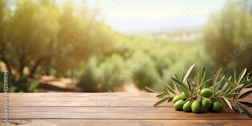 Vintage wooden table and green olive field background for displaying products, with blurred olive tree design.