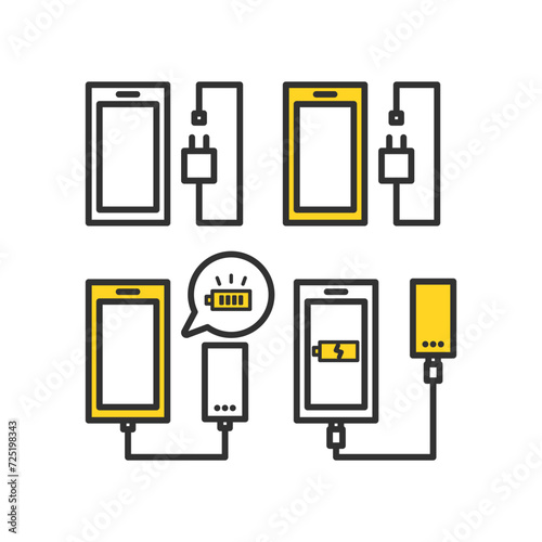 防災グッズ　スマートフォンと充電器とモバイルバッテリーのイラストセット