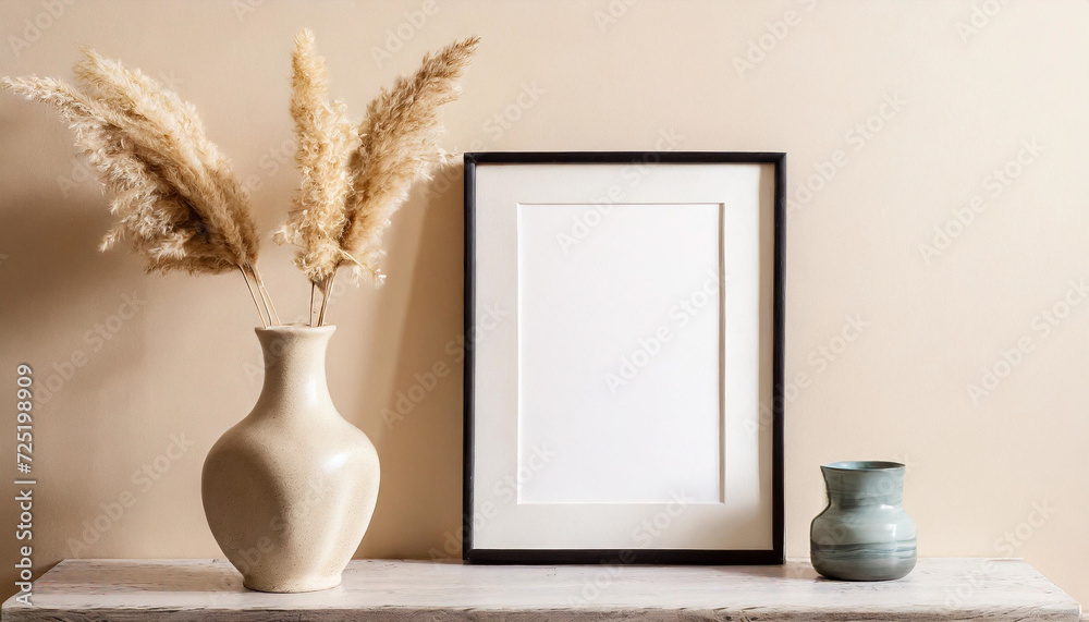Empty horizontal frame mockup in a chic minimalist interior with a stylish vase on a beige wall, embodying modern elegance and design versatility