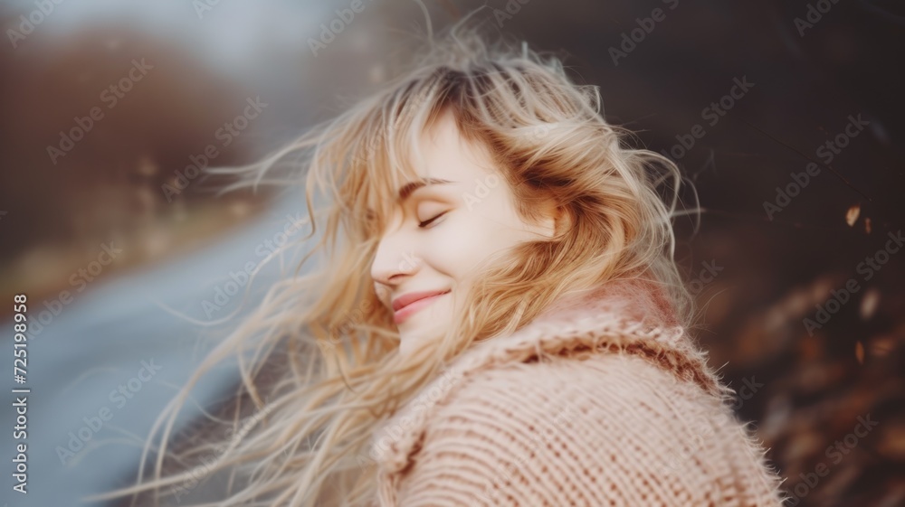 Candid Outdoor Portrait of a Beautiful Young Blonde Woman Smiling Joyfully. Generative AI.