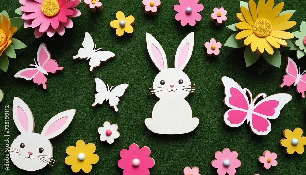 Springtime Delight: Easter Decor with Wooden Bunny, Flowers, and Butterflies