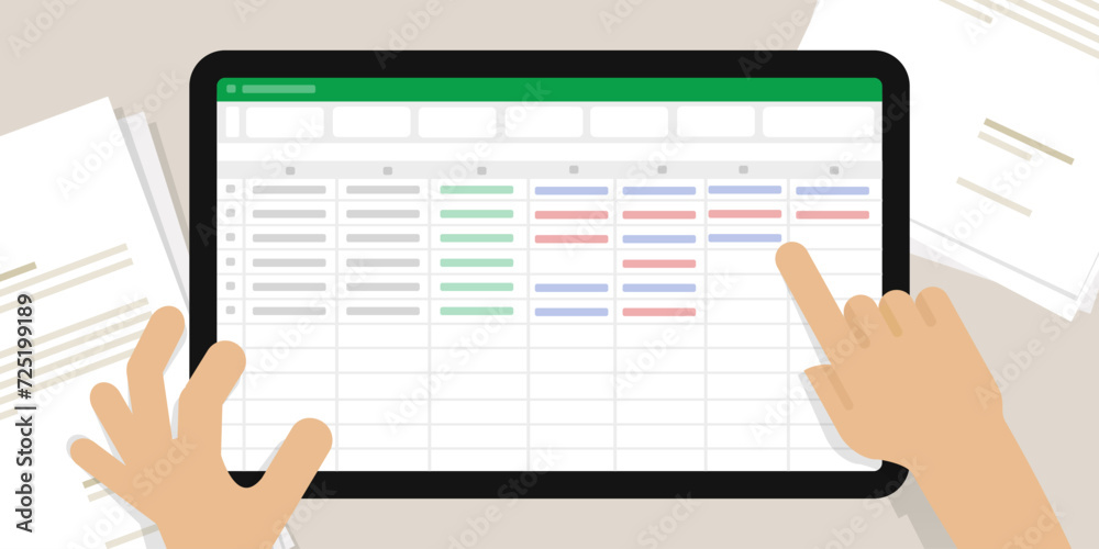 spreadsheet screen in tablet hand do accounting counting number office work financial calculation spreadsheet screen in tablet hand do accounting counting number office work financial calculation