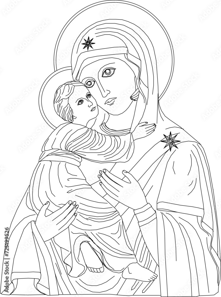 Obraz premium Vector sketch illustration design of old ethnic vintage painting of holy woman holding child