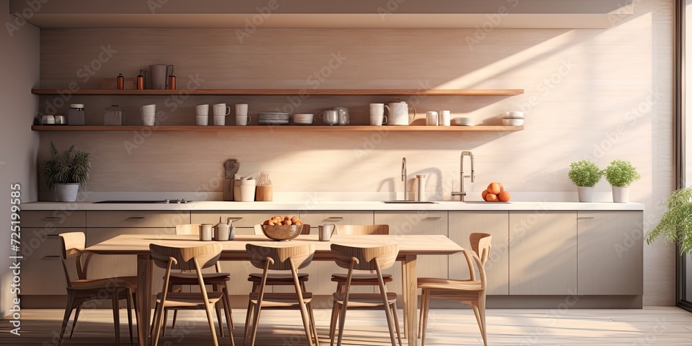 Sunlit kitchen interior with working surface, dining table, and counter. Family gathering concept. . Mock-up. Toned image.