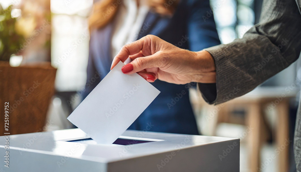 Voter casting ballot with determination, hand placing vote in ballot box, democracy, civic duty, election concept, political participation Voter casting ballot with determination, hand placing vote in ballot box, democracy, civic duty, election concept, political participation