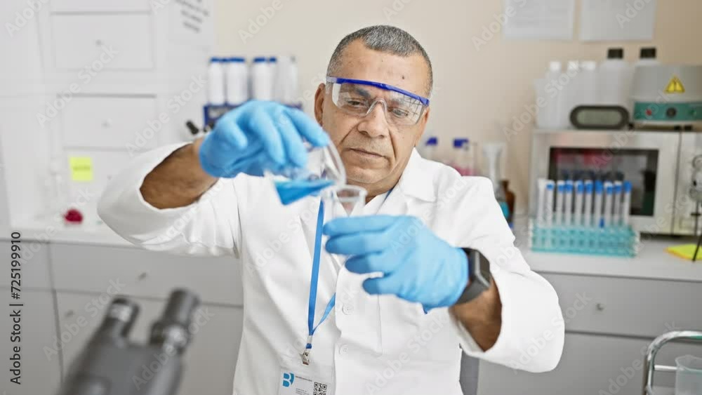 A focused hispanic male scientist mixing chemicals in a laboratory setting, exemplifying expertise and precision. A focused hispanic male scientist mixing chemicals in a laboratory setting, exemplifying expertise and precision.