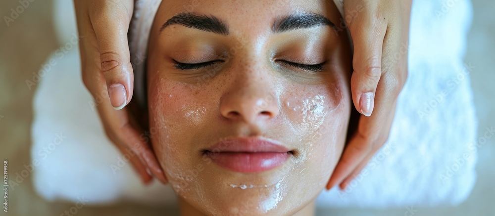 Woman receiving a facial massage with closed eyes at a spa.