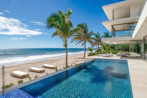 Luxurious beach house with pool and palms by the sea.