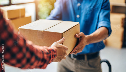 Delivery man's hands carefully present a parcel box, symbolizing reliable service and customer satisfaction in a dynamic, efficient, and trustworthy manner