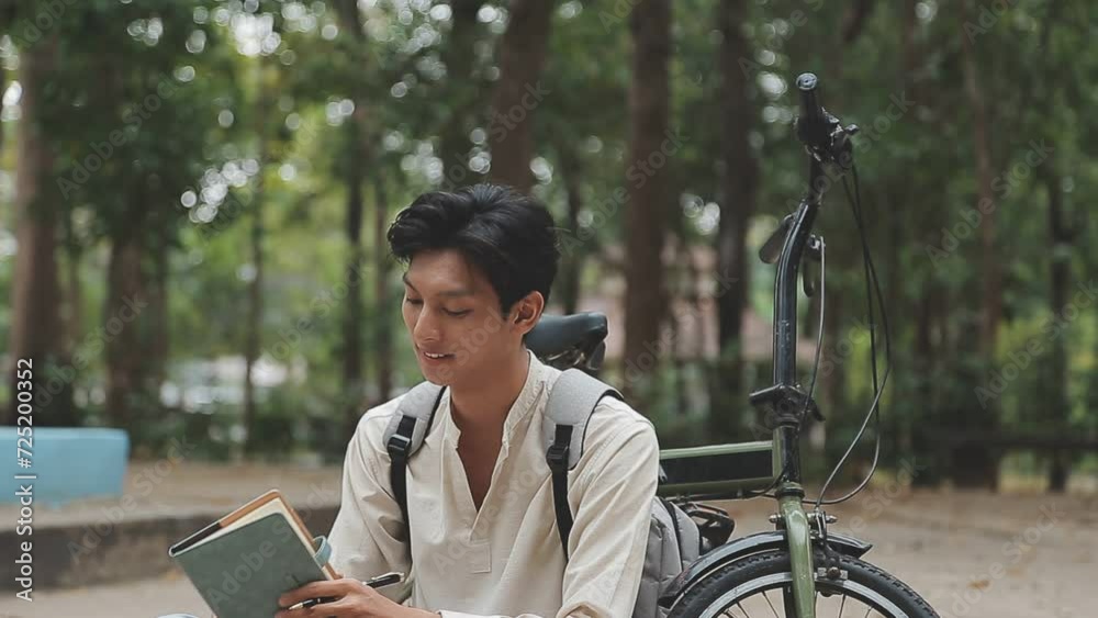 Man enjoying music using earphones while commuting to office on a bicycle. Businessman biking to office while listening to music. Man enjoying music using earphones while commuting to office on a bicycle. Businessman biking to office while listening to music.