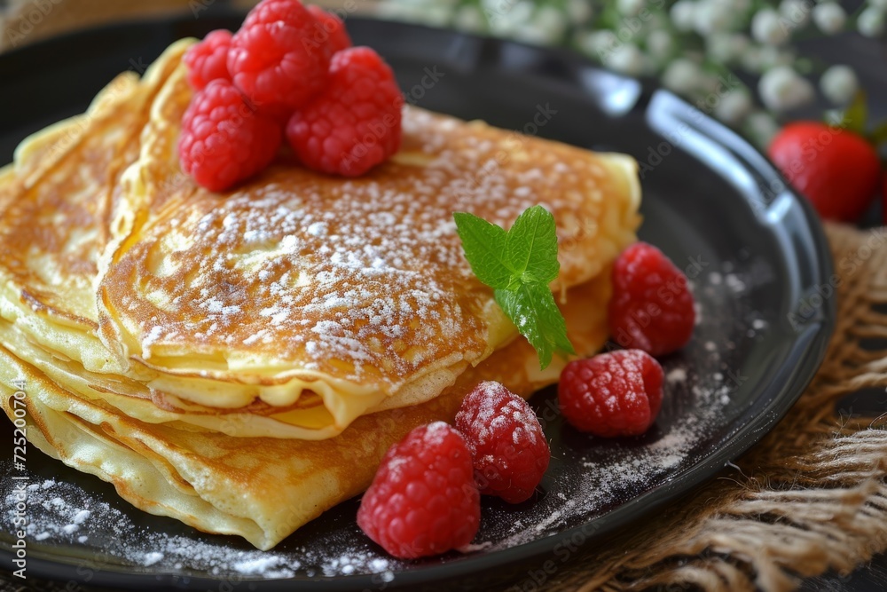 Russian pancakes with raspberries and powdered sugar