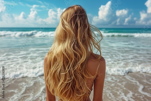 An attractive young blond woman with beautiful long hair on a sandy beach in the . back view. © Winter Art