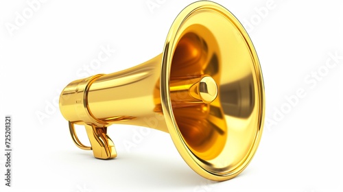 Golden metal megaphone isolated on white background. 3d rendering of bullhorn, luxury loudspeaker isolated on white, copy space.