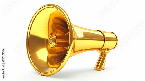 Golden metal megaphone isolated on white background. 3d rendering of bullhorn, luxury loudspeaker isolated on white, copy space.