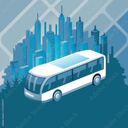 Futuristic bus and future city on background. Future city bus concept vector illustration. Future electric transport. © dejanira