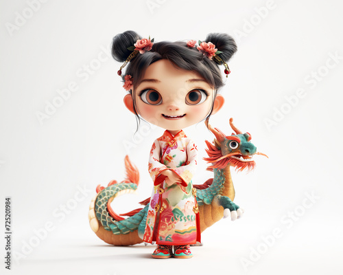 cute cartoon 3D baby chinese girl in pastel cheongsam together nearing Dragon