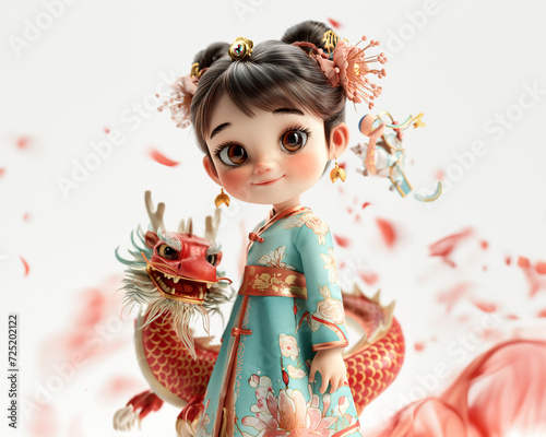 cute cartoon 3D baby chinese girl in pastel cheongsam together nearing Dragon