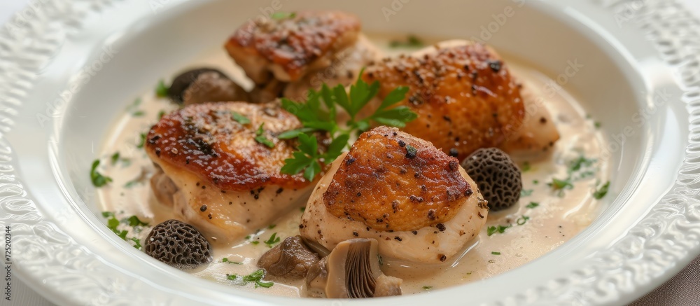 Classic French dish consisting of chicken, morels, and cream. Classic French dish consisting of chicken, morels, and cream.