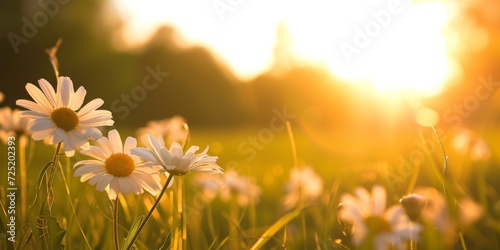 landscape of white daisy blooms in a field, with the focus on the setting sun © BackgroundWorld