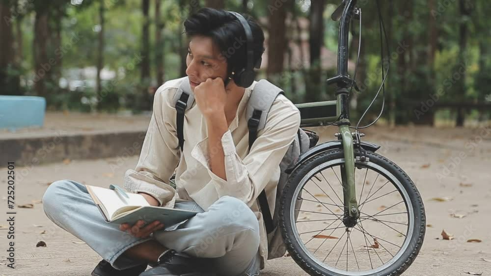 Man enjoying music using earphones while commuting to office on a bicycle. Businessman biking to office while listening to music. Man enjoying music using earphones while commuting to office on a bicycle. Businessman biking to office while listening to music.