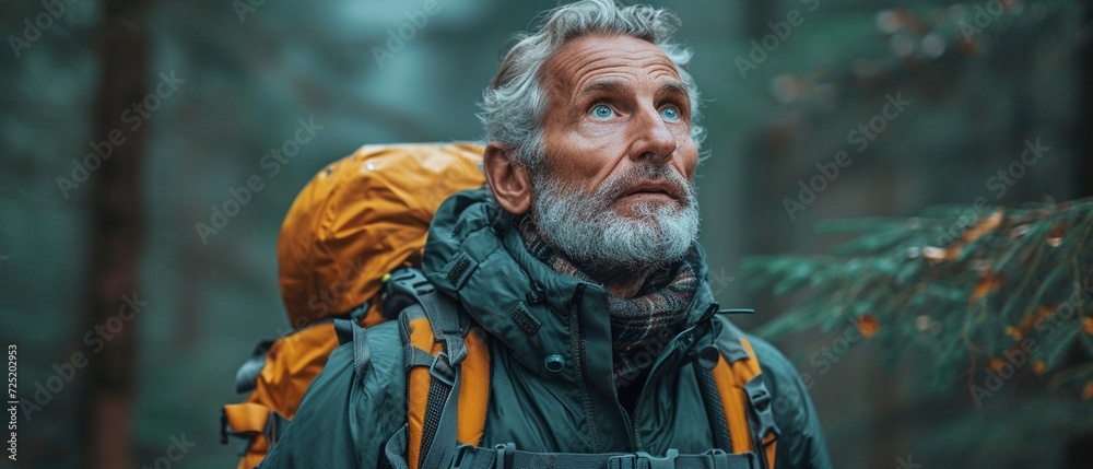 Gazing up at a deep, misty woodland with sunshine peeking through the trees, an elderly traveller with a grey beard and green jacket looks up.