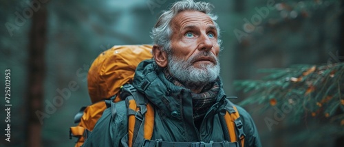 Gazing up at a deep, misty woodland with sunshine peeking through the trees, an elderly traveller with a grey beard and green jacket looks up.