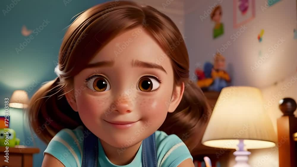 Girl 3d animation in her bedroom smiling blinking seamless loop animation