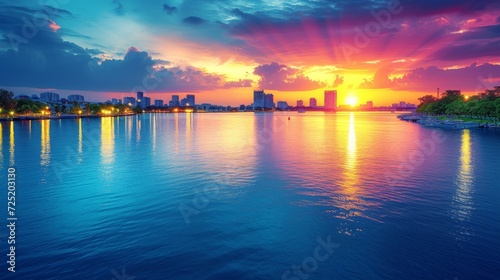 Urban Sunset Reflections in Water - Vibrant Cityscape Skyline