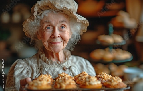 A platter of muffins or cupcakes is being held by an elderly Caucasian grandma in a home kitchen.