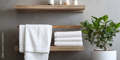 Neatly folded towels in metallic basket, on wooden shelves with potted plant, in minimal bathroom interior. © Vusal
