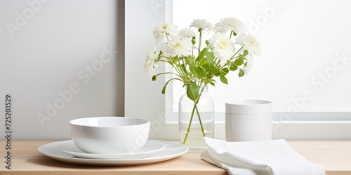 Simplicity of Scandinavian interior with white dishes and details. © Vusal