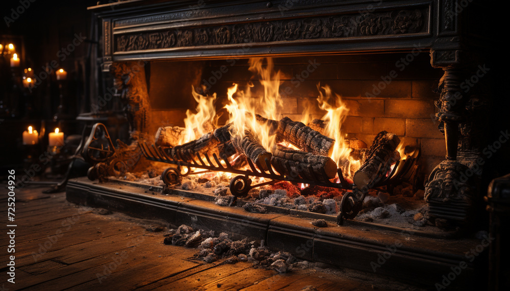 Glowing firewood cooks meal on old wood stove generated by AI Glowing firewood cooks meal on old wood stove generated by AI