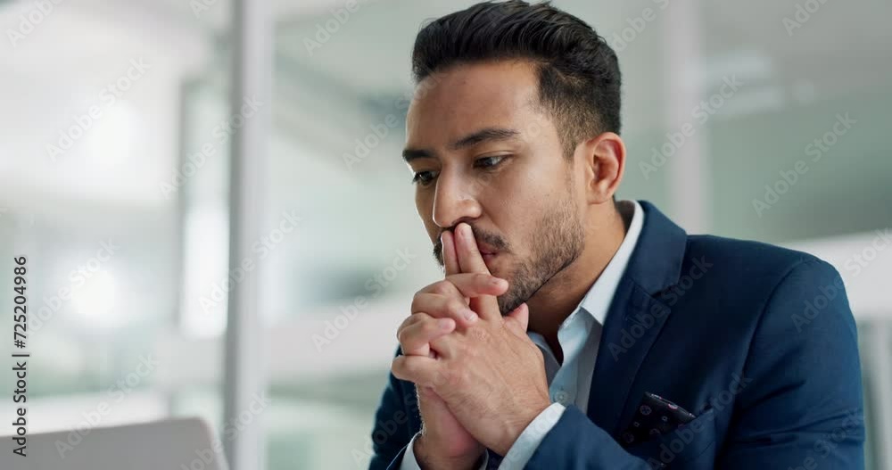 Business man, thinking and stress on computer for legal research, law firm problem solving or decision in office. Aisan person or lawyer with doubt, mistake or ideas on laptop for report or article
