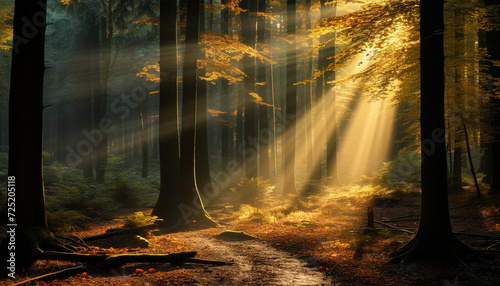 Mysterious autumn forest, vibrant colors, tranquil beauty in nature generated by AI